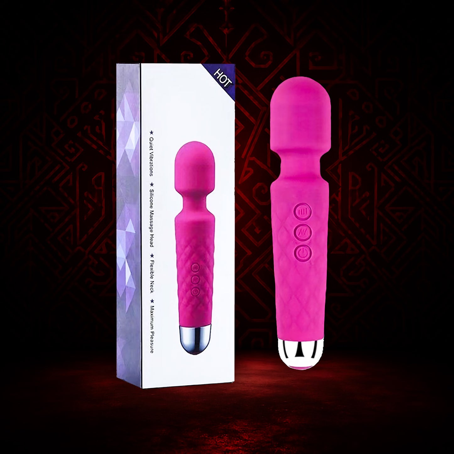 Pink silicone wand with silver base next to its packaging on a dark background